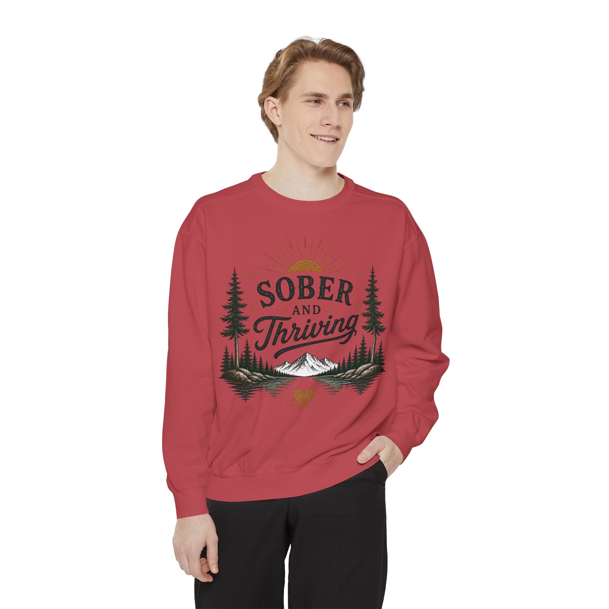 Sober and Thriving Sweatshirt — Inspirational Recovery Crewneck with Mountain & Pine Design