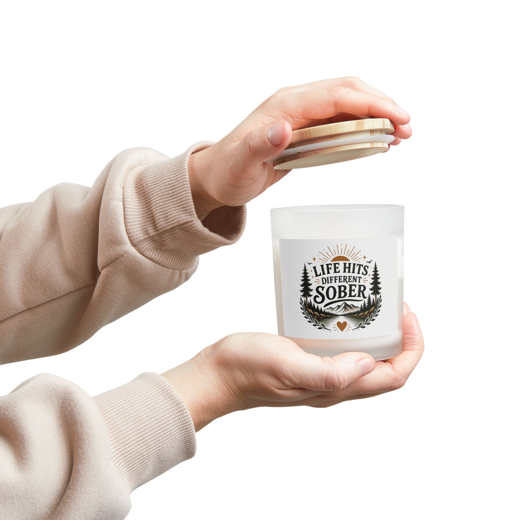 Sober Recovery Candle — “Life Hits Different Sober” Frosted Glass 11oz