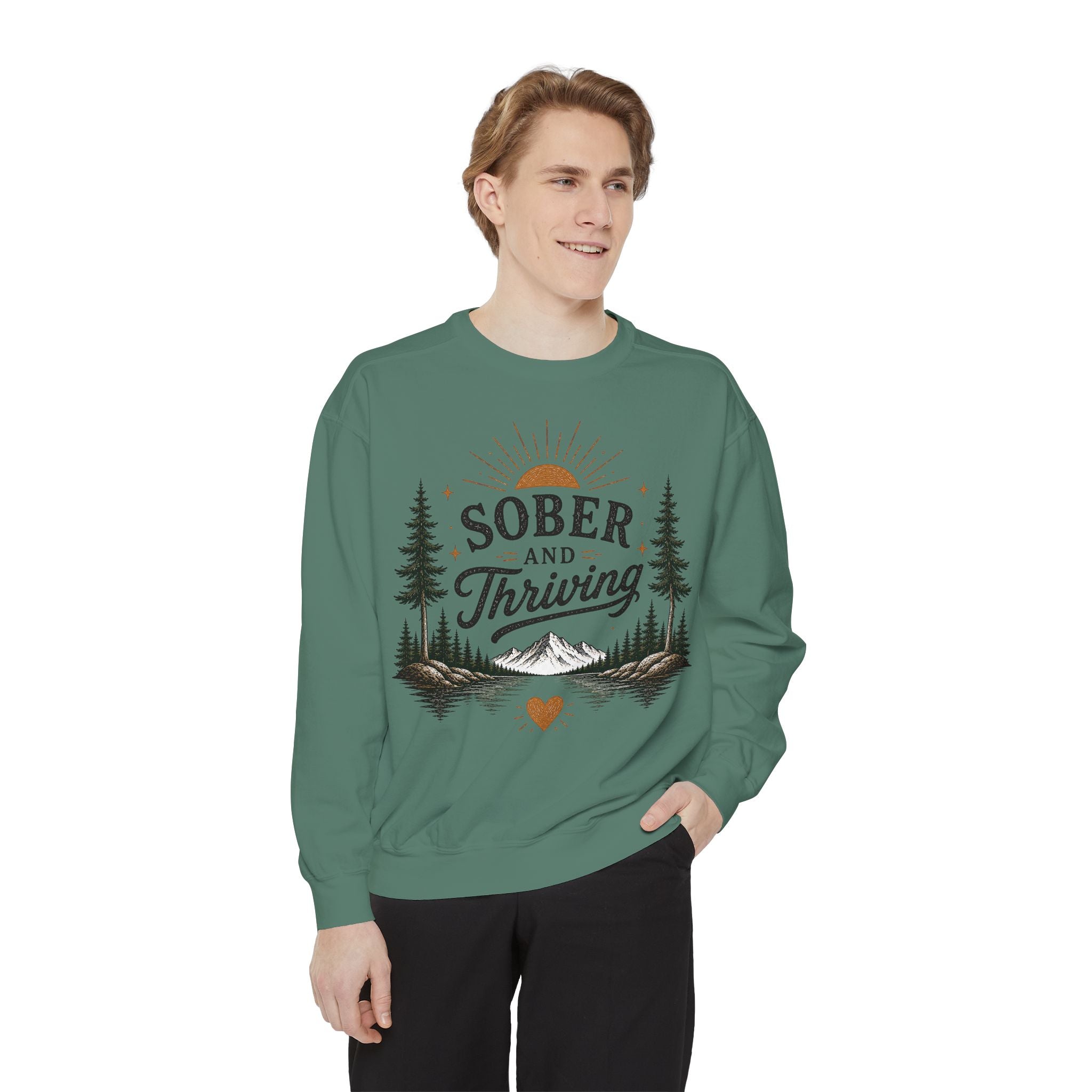 Sober and Thriving Sweatshirt — Inspirational Recovery Crewneck with Mountain & Pine Design